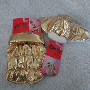 Boots & Barkley Chic Sparkly Gold Pet Vest Puffer Jacket & Trapper Hat XS